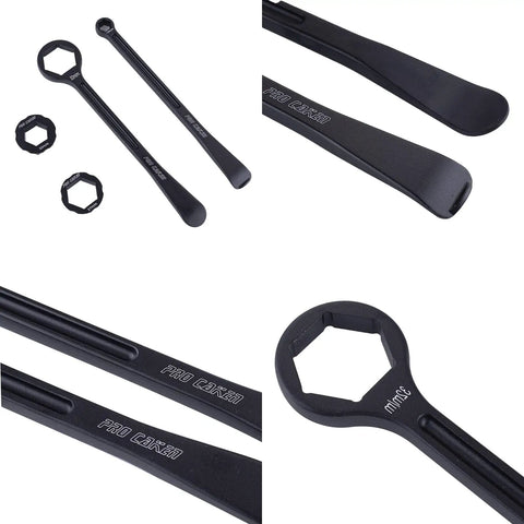 Heavy Duty All In One Motorcycle Tire Change Kit With 10 mm 13 mm 22 mm 27 mm And 32 mm Hex Wrench Heads, Tire Iron Levers, Spoon Tool, And Wrench Set For Pit Bikes Dirt Bikes Motocross And European Motorcycles with close-up of hex wrenches and tire iron levers.