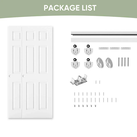 48 By 80 Inch Raised Textured Six Panel Bypass Hollow Core White Primed Sliding Closet Door With All In One Track Hardware Kit components