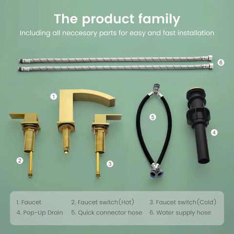 Brushed Gold Bathroom Sink Faucet 3 Hole Widespread Waterfall Basin Faucet With Pop Up Drain No Fuss Vanity Lavatory Faucet Solid Brass Construction Corrosion Resistant Easy Install parts and accessories.
