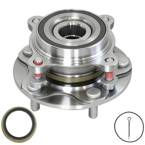 Close-up view of front wheel bearing hub assembly 4WD 5 lug fits 2008 to 2018 Toyota Sequoia and 2005 to 2018 Toyota Tundra 4x4 two piece set.