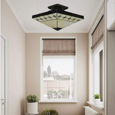 Tiffany Style Two Light Craftsman Semi Flush Ceiling Light With Antique Art Glass Shade In Beige in modern room