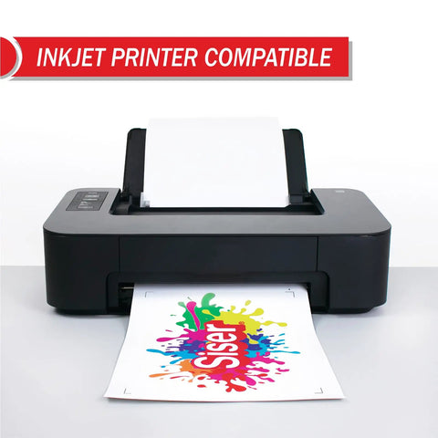 Inkjet printer with EasyColor DTV Printable Heat Transfer Vinyl Sheets for Inkjet Printers 8.4 x 11 Inches loaded, printing vibrant design.