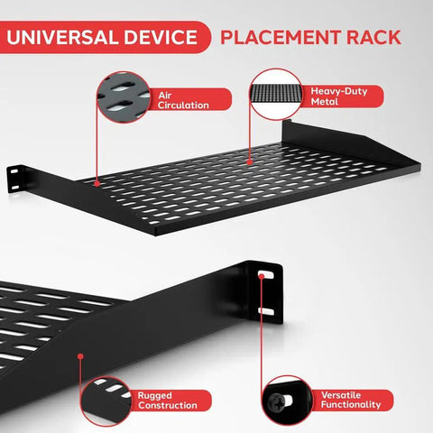 2 Piece 1U Vented Server Rack Shelf With Cantilever And Wall Mount For Universal Cabinet Installations, Durable Black Rack Tray