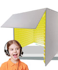 Top Tier Portable Soundproof Booth Desktop Vocal Shield, 80x80x80 cm, high density foam, child using it for clear audio.