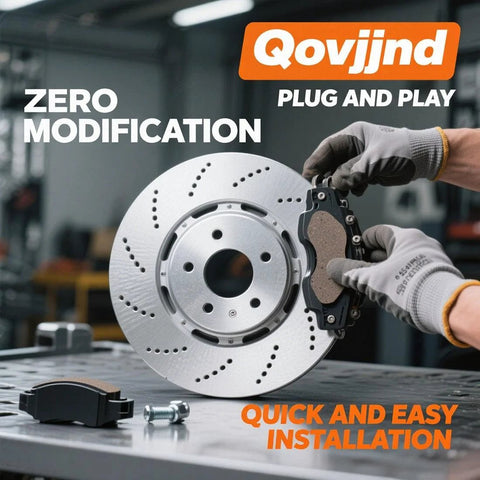 Close-up of hands showing brake disc and pad installation with text about ease of use and zero modification needed.