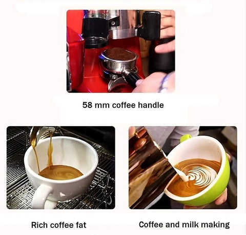 Next Level Red Semi Automatic Espresso Machine And Coffee Maker Boasting A Bright Led Screen Hot Steam Frother And A Sweet One Point Seven Liter Water Tank For Fire Shots with 58 mm coffee handle and rich coffee.