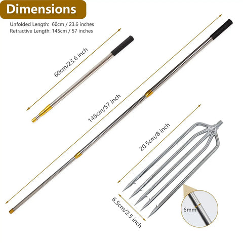 Telescopic Fish Gaff With 5 Tooth Harpoon Replaceable Stainless Steel Fork 5Ft Extendable Rod with dimensions and details