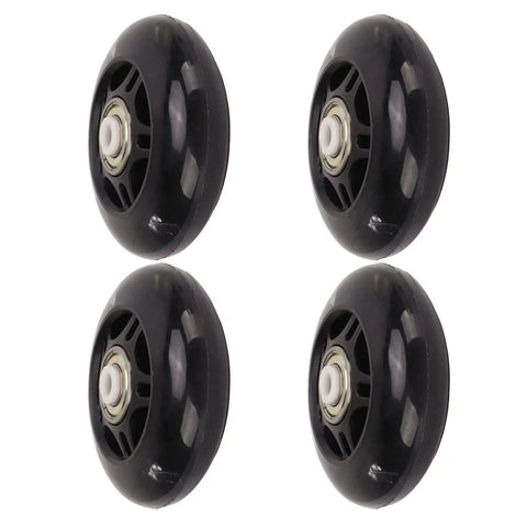 Set of four 69mm inline skate wheels with PU rubber and ABEC 9 bearings for outdoor hockey skates and luggage ultra quiet smooth ride.