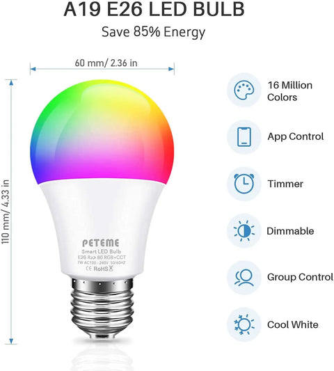 Dope RGB Color Changing WiFi Smart Light Bulbs 3 Pack 7W E26 A19 LED Bulbs For Alexa Google Home Siri No Hub Required Voice Control Music Sync