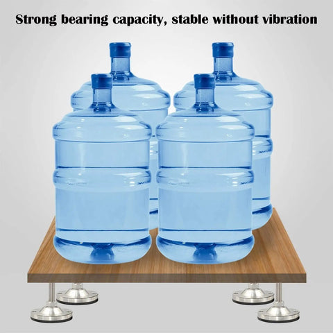 Heavy Duty Adjustable Furniture Leveling Feet Pair Thick Carbon Steel Threaded Base Stabilizer supporting large water bottles.