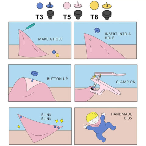 Instructions for using Snap Pliers Set For T3 T5 T8 KAM Snaps Handheld Button Fastener Press Attacher for crafts and garments.