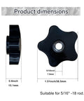 4 Pcs Star Knobs Size 5 16 18 Hand Tighten Clamping Knobs Through Hole Nylon Star Head Black Plastic For T Track Bolts Jigs And Mechanical Equipment Kit shown in side and top view with dimensions