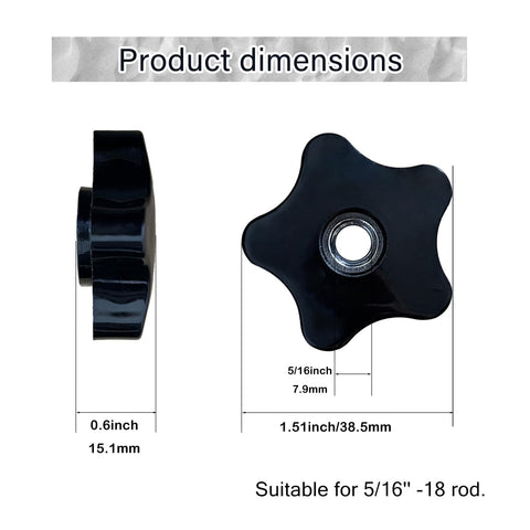 4 Pcs Star Knobs Size 5 16 18 Hand Tighten Clamping Knobs Through Hole Nylon Star Head Black Plastic For T Track Bolts Jigs And Mechanical Equipment Kit shown in side and top view with dimensions