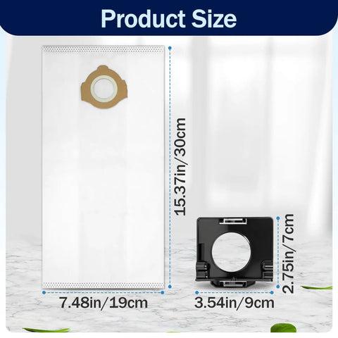 Heavy Duty Fleece Dust Bags 9 Pack Compatible With Milwaukee M12 And M18 Cordless Packout Shop Vac size dimensions displayed on a white background.