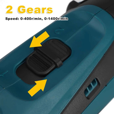 Close-up of the gear switch on the Professional 21V Cordless Electric Shears for Cutting Metal, featuring speed settings.