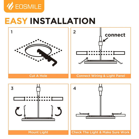Installation guide for EOSMILE 3 Inch White LED Recessed Lighting with Night Light, 6 Pack showing a step-by-step process.