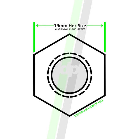 Diagram showing 19mm hex size for Jaguar 20 Chrome Mag Seat Lug Nut Set Fits S Type X Type F Type XF XJ XK R Mag Shank OEM Style M12x1.50 Thread Replaces C2C35294 W0133-1940758 Durable Wheel Hardware For Factory Aluminum Wheels