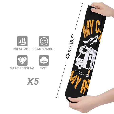 Person holding My Camper My Rules RV Camping Novelty Mid Calf Socks Pack Of 5, highlighting features and size.