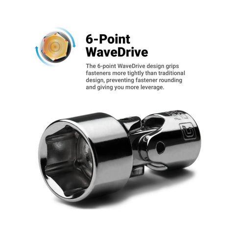 8 mm Universal Socket For 1 Quarter Inch Drive, 6 Point Metric, close-up of chrome vanadium steel with WaveDrive design