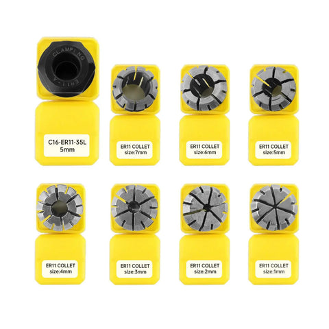ER11 1 To 7mm Spring Collets Set For CNC Milling Lathe Tools with yellow holders and 5mm Motor Shaft Holder
