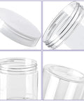 Close-up of 20 Pack 4oz Clear Plastic Jars With Lids Wide Mouth Refillable Storage Containers showing lid and empty jar details.