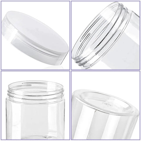 Close-up of 20 Pack 4oz Clear Plastic Jars With Lids Wide Mouth Refillable Storage Containers showing lid and empty jar details.
