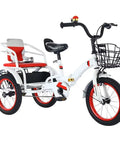White outdoor pedal tricycle for kids ages 3 to 10 with rear seat, 3 wheels, foldable frame, chain drive, hand brake, red accents.