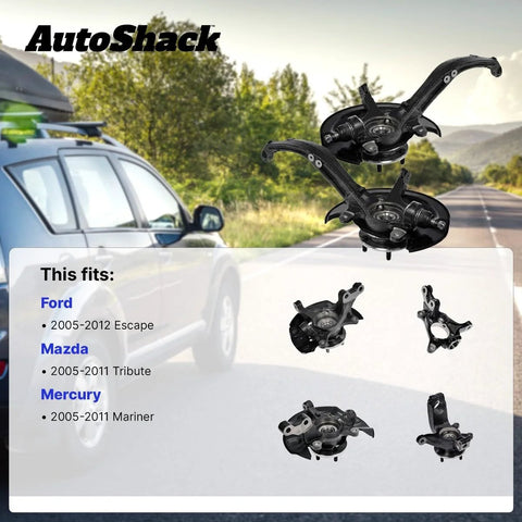 Front Steering Knuckle And Wheel Bearing Hub Assembly Left Replacement For Ford Escape 2005 To 2012 Mercury Mariner 2005 To 2011 Mazda Tribute 2005 To 2006 One Piece Loaded Knuckle Restores Alignment And Smooth Steering with various views against a car background.
