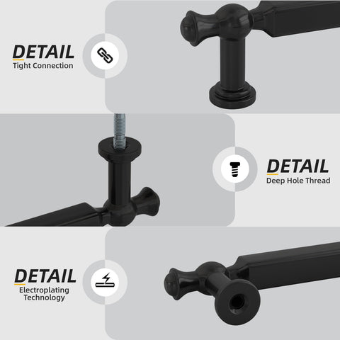 Five Pack 3 Inch Matte Black Cabinet Handles Zinc Alloy Drawer Pulls For Kitchen Cupboards Dresser Bathroom Bedroom Hardware With 76mm Hole Centers Built To Last Durable Finish, showing tight connection, deep hole thread, and electroplating technology details.