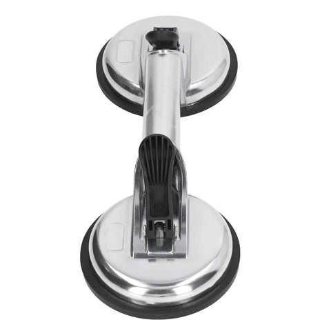 Heavy Duty 80KG Suction Glass Plate Lifter With Single Hand Operation For Moving Mirrors Tiles And Glass Slabs Using Solid Aluminum Alloy Build top view with dual suction cups.