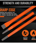 Shop Tested Heavy Hitter Punch And Chisel Set Featuring 28 Kickass Chrome Vanadium Pieces For Knockout Bolts Cold Cutting And Precision Alignment That Slaps And Saves Serious Time sharp orange chisels with hardened tips on a black background.