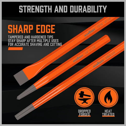 Shop Tested Heavy Hitter Punch And Chisel Set Featuring 28 Kickass Chrome Vanadium Pieces For Knockout Bolts Cold Cutting And Precision Alignment That Slaps And Saves Serious Time sharp orange chisels with hardened tips on a black background.