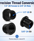 4 Pack Thread Protector Kit 1/2-28 To 5/8-24 Thread Reducer With Crush Washers And Sealing Washers Includes 4 Black Steel Adapters And Replacement Washers For Worn Or Damaged Threads. black steel thread adapter set with 1/2-28 female to 5/8-24 male sizing