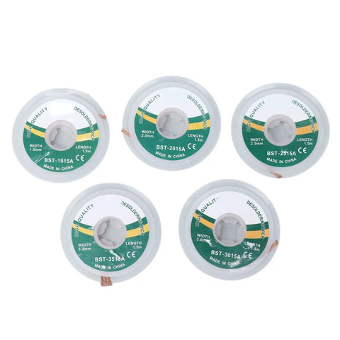 5 Piece Solder Wick Set For Electronics Repair, Alloy Copper Desoldering Braid In 1.5mm To 3.5mm Widths displayed in packaging
