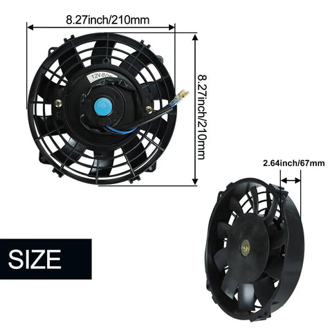 Universal 7 Inch Slim Radiator Cooling Fan With Ten Rugged Blades And 12 Volt Electric Push Pull Layout shows dimensions and design.