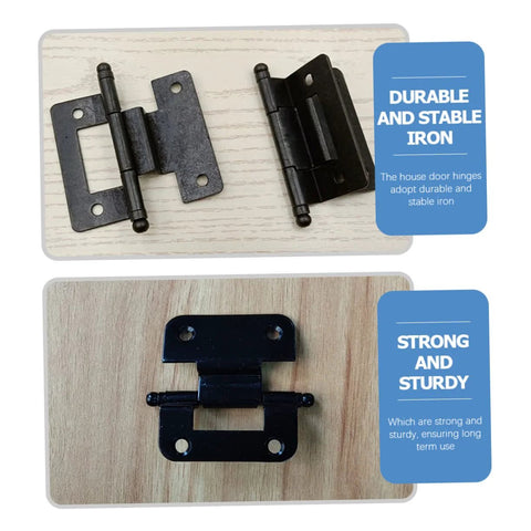 Six black iron kitchen cabinet door hinges; top shows uninstalled hinge pair, bottom shows installed hinge on wood.