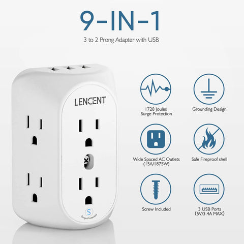 9 In 1 Wall Outlet Splitter With 6 Wide Spaced Outlets And 3 USB Ports Converts A Two Prong Outlet To A Grounded Three Prong
