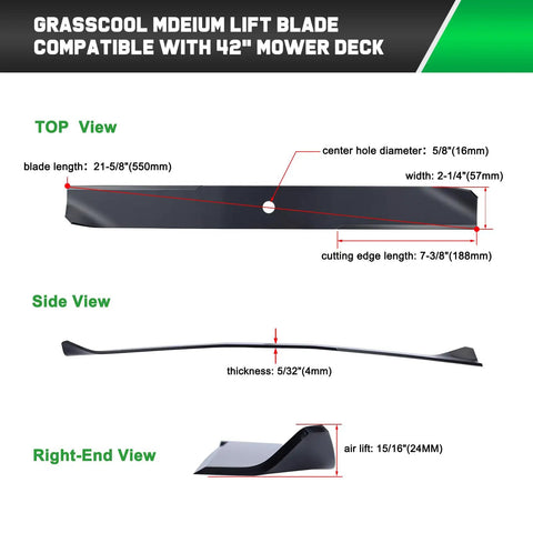 Diagram of Premium 42 Inch Timecutter Mower Blades 2 Pack For 42 Inch Deck Replacement, with measurements and views.
