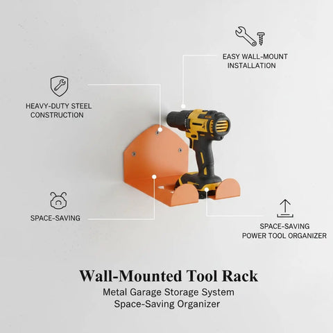Orange Metal Wall Mounted Tool Rack For Small Garages for drill storage, space-saving organizer on white wall.
