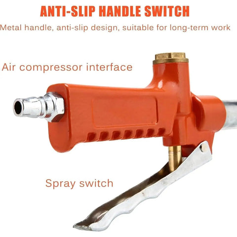 Real Deal Pneumatic Cement Sprayer With Four Hole Nozzle showing anti-slip handle switch for long-term use and air compressor interface.