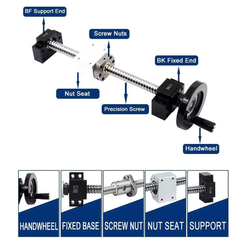 Built Tough Dfu2005 Ball Screw Nut Kit Paired With Zero Lag Hgr20 Linear Guide Rails And Crisp Hgw20cc Carriage Blocks For Rapid Cnc Shop Builds 1000Mm assembly showing precision screw and handwheel.