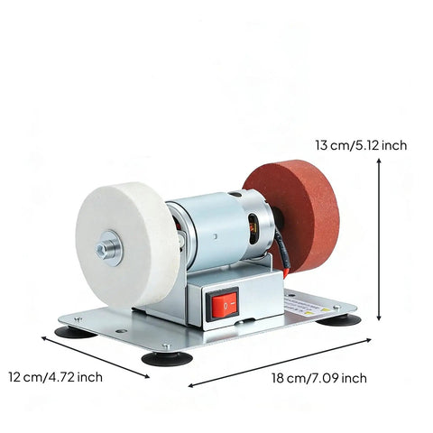 Badass Compact Bench Grinder With Dual Wheel Grit Setup Sleek Steel Body Heavy Duty Motor Housing Quick Swap Stones Shop Ready No Drama Finish For Real Jobs, showing twin wheels and motor.
