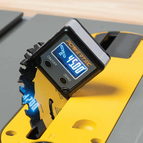 Rock Solid Digital Angle Gauge For Woodworking And Table Saws Handheld Protractor Level Box With Dead On Precision, measuring 45 degrees.