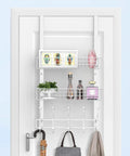Over The Door Coat Rack With Mesh Basket And Detachable Storage Shelf, white finish, with various items, over a white door.