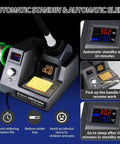 Dual Digital Display Soldering Station Kit with 90W iron showing dual temperature readouts, automatic standby, and sleep modes.