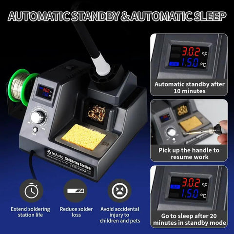 Dual Digital Display Soldering Station Kit with 90W iron showing dual temperature readouts, automatic standby, and sleep modes.