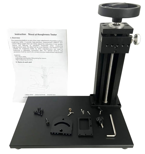 Portable Surface Roughness Tester With Narrow Curved Probe And Metal Platform For Groove Profiling assembly stand with adjustment parts for precision use.
