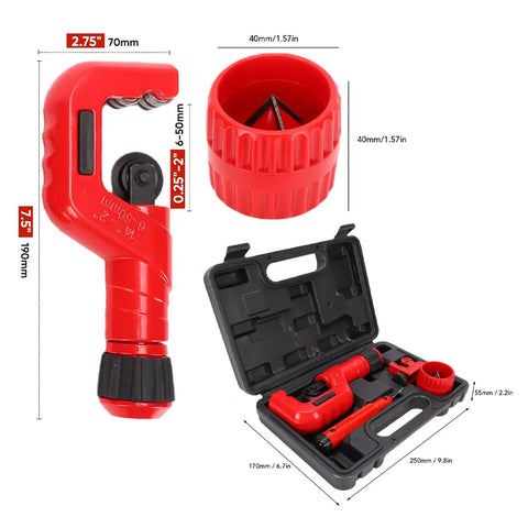 4 Piece Tubing Cutter Set Built Tough Pipe Cutter For 1/4 To 2 Inch Pipes Includes Mini Tube Cutter 1/8 To 7/8 Inch With Deburring Tool For Copper Aluminum Stainless Steel And PVC, shown with case
