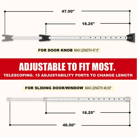 Two In One Beefed Up Door Security Bar With Alarm And Sliding Door Stopper showing adjustable length up to 47.5 inches