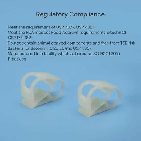 Two white 50 Pack Adjustable Flow Control Tube Clamps For One Quarter To One Half Inch Hoses, Reinforced Nylon PA Clamp, Lab Pinch Valve Hose Clip, Leak Proof Sealing, Chemical Resistant, Pharmaceutical Grade, displayed against a blue background with regulatory compliance text.